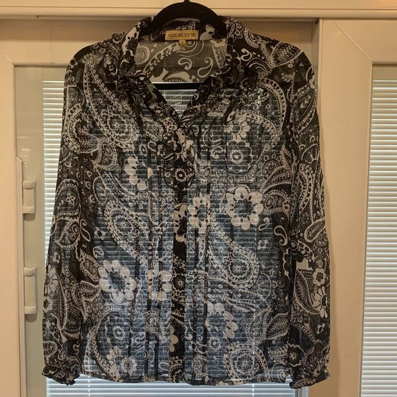 Notations Tops - EUC Notations Sheer Long Sleeve Black/White Button Down Blouse Size Small